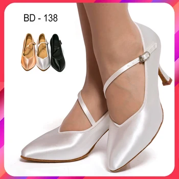 Closed Toe BD138 Women Stardard Dancing Shoes White Flesh 2.5inch Stable Practise Latin Ballroom Dance Shoes For Girls