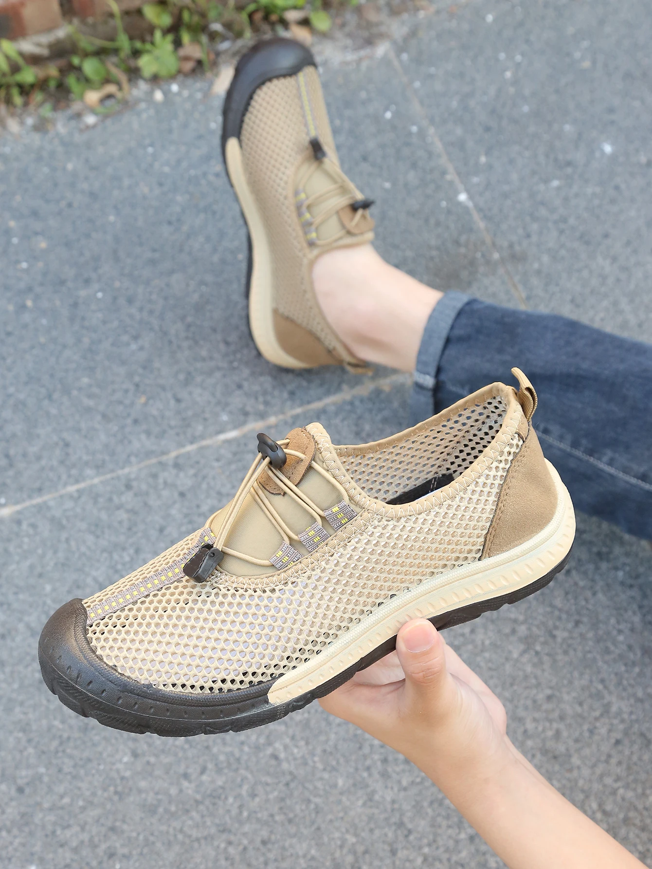 Atmungsaktive Mesh-Outdoor-Wanderschuhe für Herren, schnell trocknende Freizeitsneaker mit hohlem Obermaterial, verstellbarer Kordelzug zum Hineinschlüpfen, Alltagsschuhe – Detail 10