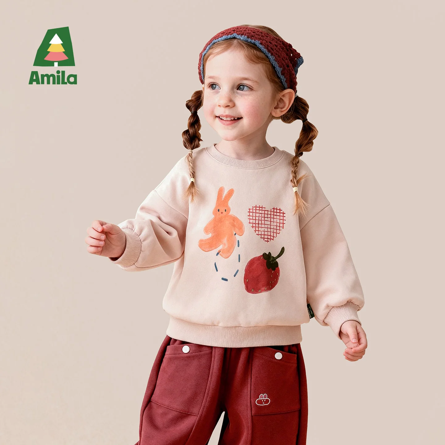 Amila 2026 Autumn New Kids Sweatshirt Rabbit Strawberry Print Lantern Sleeve Round Neck Fashion Casual Daily Long Sleeve Top