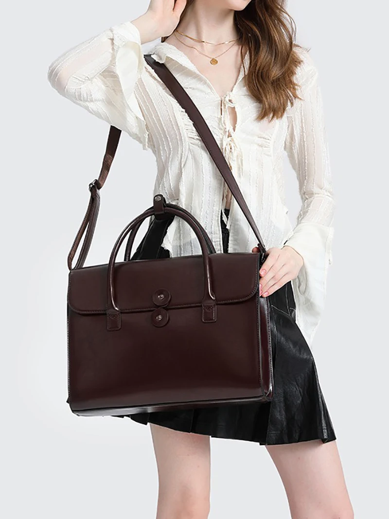 Women's Fashion Briefcase Genuine Leather Luxury Vintage Office Business OL High Quality Shoulder 14 inch Laptop Messenger Bag