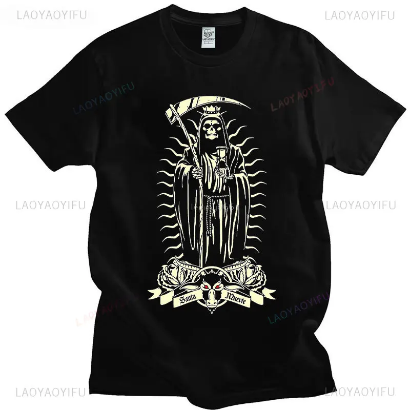 Classic Gothic Santa Muerte Tshirt Men Lady of Holy Death Shirt Mexican Skull Cotton Short Sleeve Streetwear Hip Hop Tee-Shirts