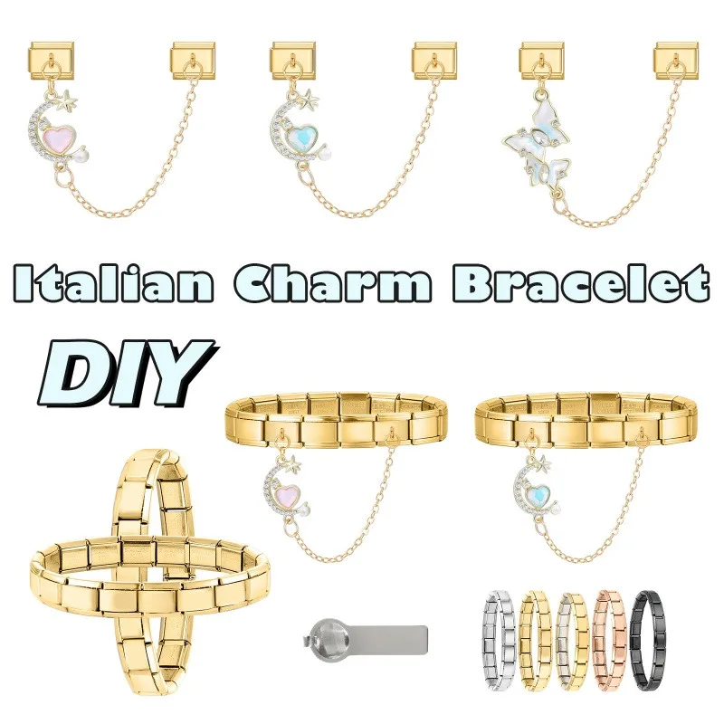 Color dorado, corazón rosa, estrella, cereza, Luna, cadena, borla, abalorio italiano, ajuste de pulsera de acero inoxidable de 9mm, regalos DIY para mujer