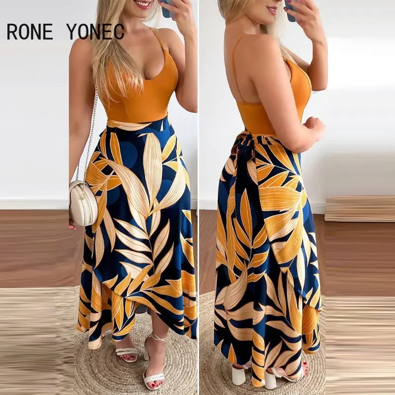 2023 Women Casual All Over Print Bottom & Solid Spaghetti Straps Crop Tops Lace Up Midi Vacation Skirt Sets