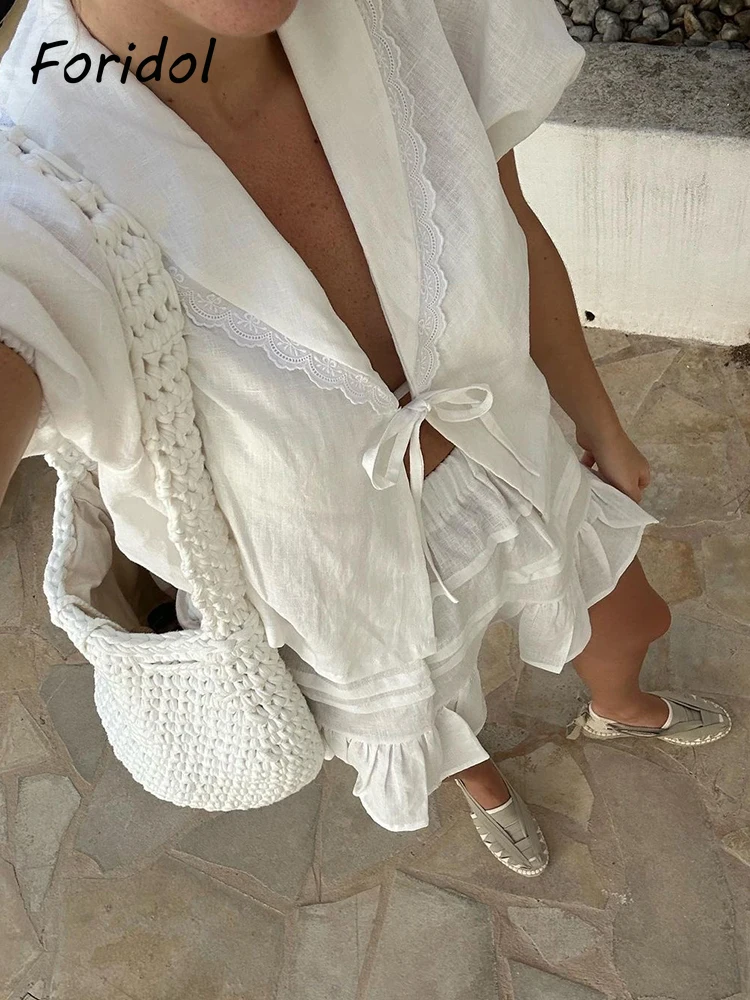 Foridol White Cotton Linen Skirt Set for Women 2 Pcs Matching Set 2024 Lace Decor Ruffles Dress Set Beach Casual Female Suit