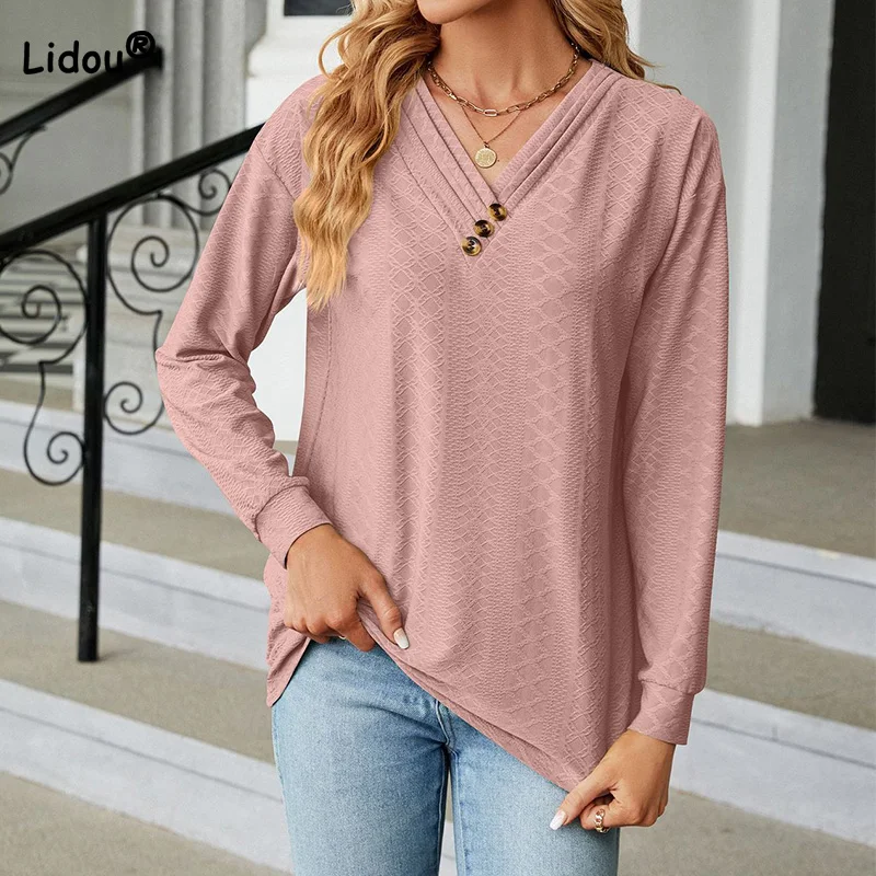 

Autumn and Winter New Women's V-neck Button Solid Color T-Shirt Casual Mercerized Cotton Jacquard Long Sleeved Loose Fitting Top