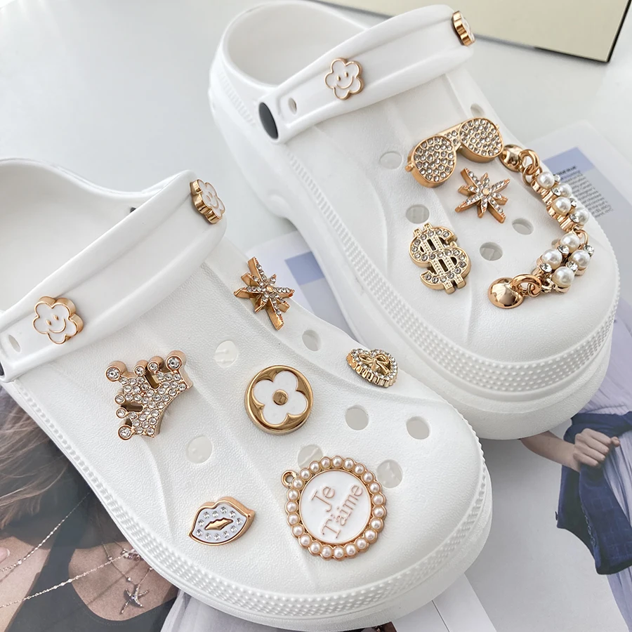 1 set Golden Fashion Shoe Charms Decoration Set for Crocs Rhinestone Pearl Chain Clogs Pins Gift For Women Girls