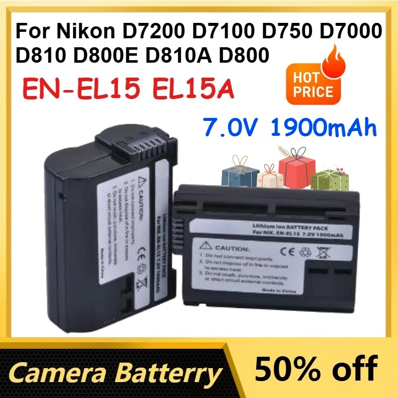 2 pcs 7.0V 1900mAh EN-EL15 EL15A Li-Ion Battery Pack for Nikon D7200 D7100 D750 D7000 D810 D800E D810A D800 Camera Batteries