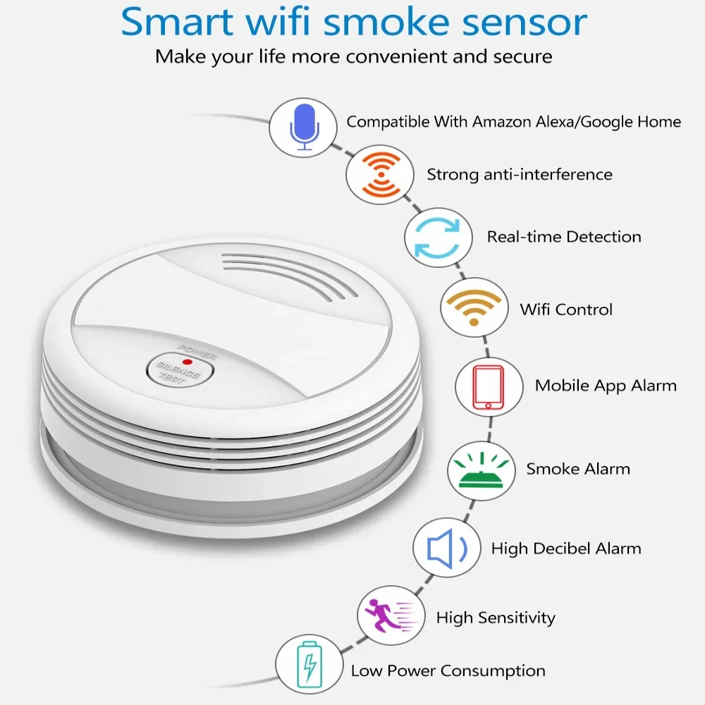 DFA Tuya Detector de humo WiFi, detector de humo detector de humo wifi	detector de humos para casa protección contra incendios, Sensor de alarma de humo, casa de bomberos independiente, sistema de seguridad para el hog