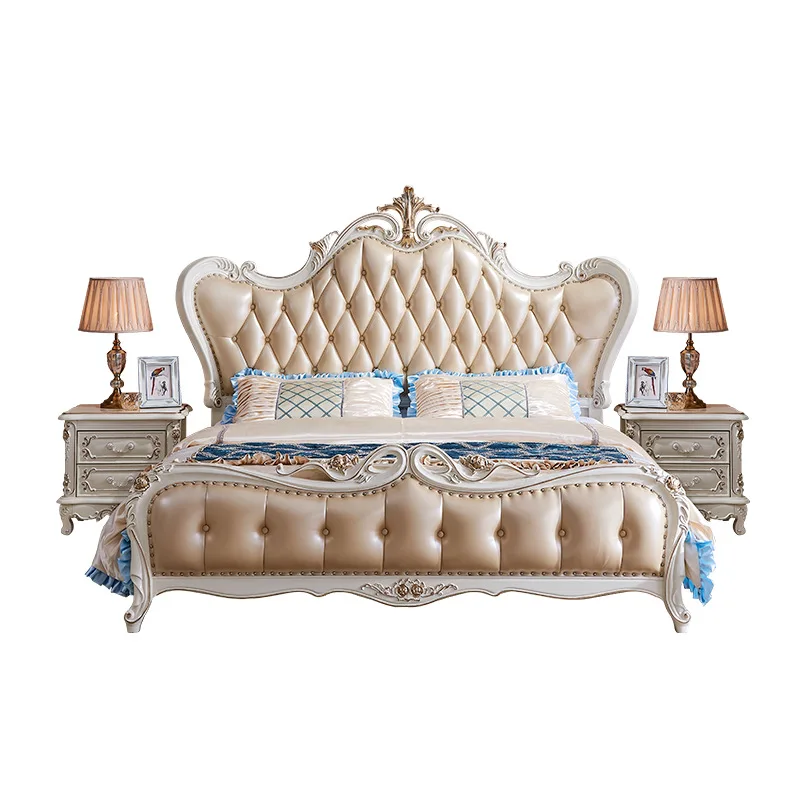 European-style all-solid wood leather bed villa furniture high-end white French wedding bed
