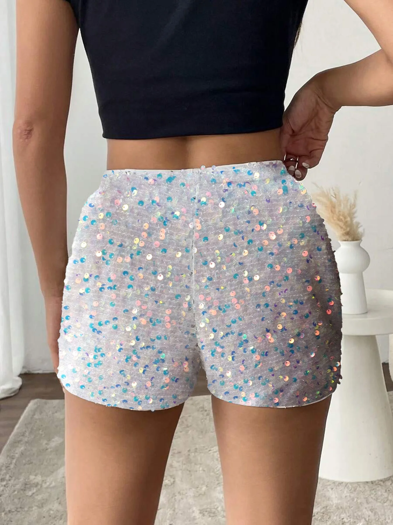 Women Sequins Black Low Rise Shorts Y2K Sexy Skinny Mini Shorts Summer Fashion Party Clubwear Costume Bottoms