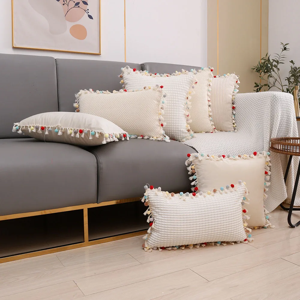 

Plaid Striped Corduroy Fabric Colorful Tassel Cushion Cover with Pom-pom Solid Color Pillowcase Home Decorative Pillows for Sofa