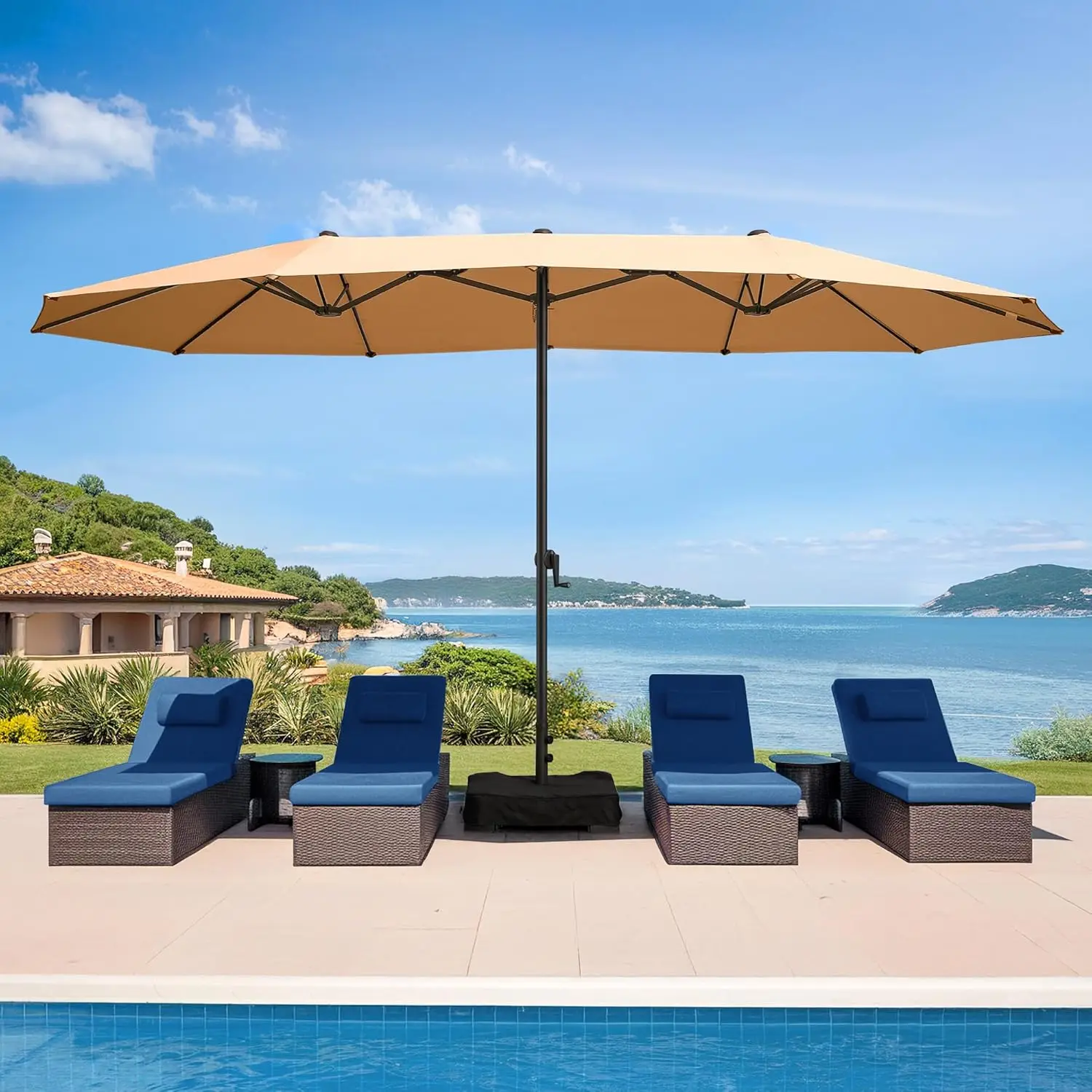 

Patio Table Umbrella, 15ft Large Deck Umbrella With Base Included, Outdoor Double-Sided Rectangle Market Umbrella With A