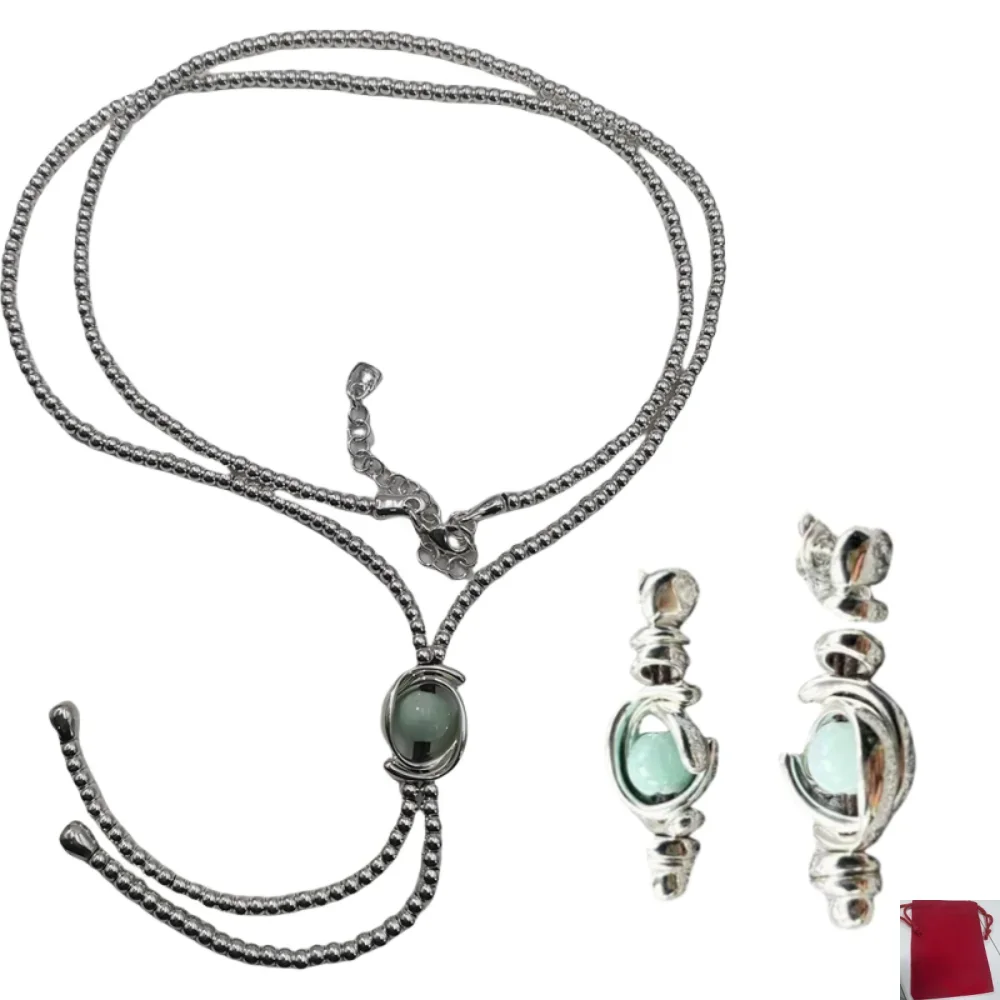 2026 Spain Daily Leisure Style Green Tianhe Stone Silver Earrings Necklace Two Piece Set Holiday Gift