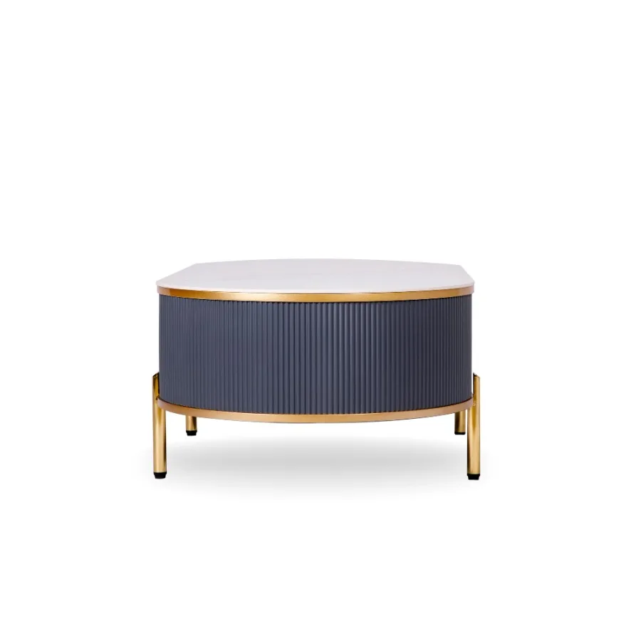 طاولة قهوة حديثة باللون الأبيض/الرمادي مع سطح من الحجر الملبد والذهبي مع درج #5