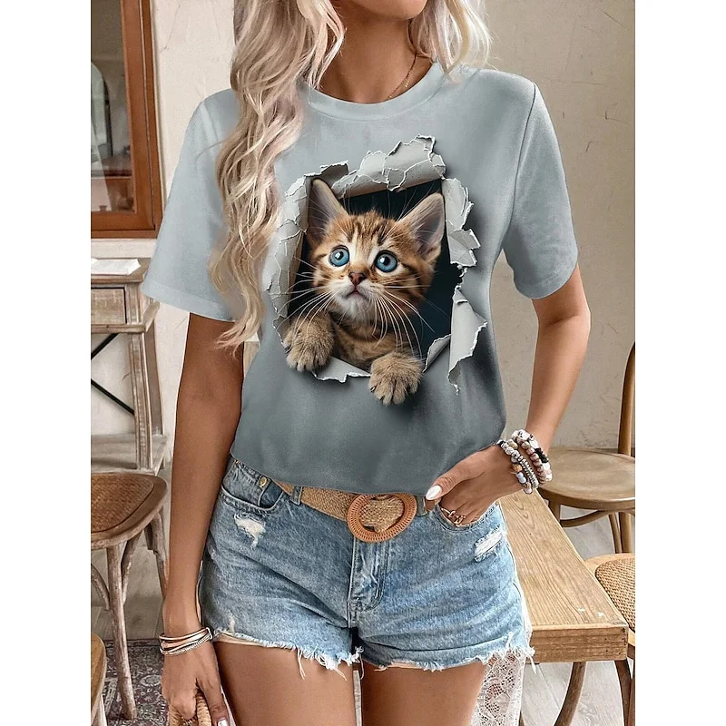 Funny 3D Cartoon Cat Print Women's T-Shirts Casual O-neck Short Sleeve Top Fashion Kawaii Animal Pattern Blouse Summer Loose Tee