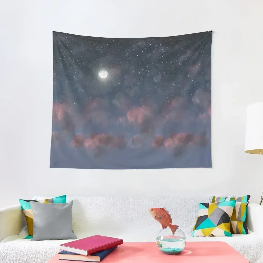 

Glowing Moon on the night sky through pink clouds Tapestry Custom Bedrooms Decor Tapestry