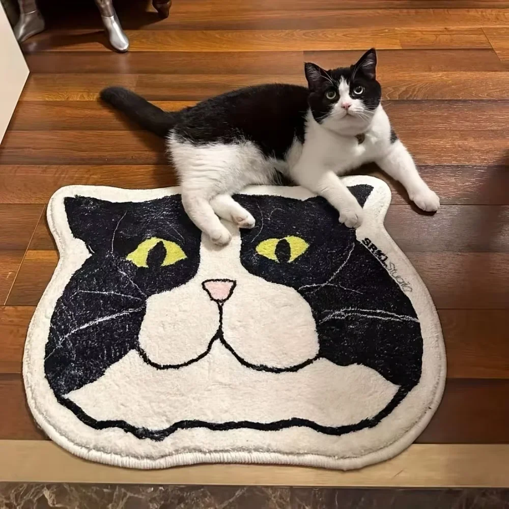 VIKAMA Adorable Cat-Head Rug Insulating, Warm, Non-Slip Entrance Hallway Doormat Bedroom Entryway Bedside Rug Home Decor