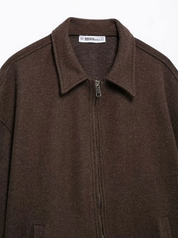 Nlzgmsj feminino vintage casual chique jaqueta bomber sólida zíper bolsos frontais casacos de manga longa moda 2025 casacos de outono