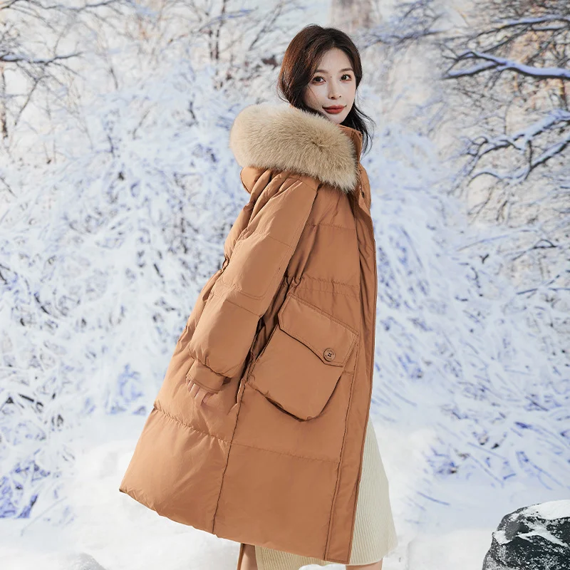 Pregnant Woman White Duck Down Jackets Hooded Warm Fur Fox Collar Oversize Winter Long Coats Clothes Loose Parkas Green Clothing