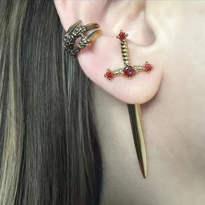 Punk Mulricolor Sword Stud Earrings Women Vintage Gothic Red Black Crystal Dagger Earring Jewelry