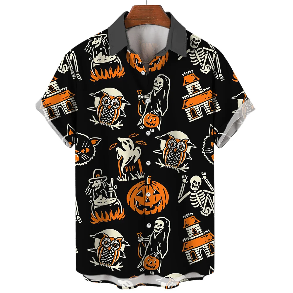 Magic Skull Men\'s Shirts Halloween Pumpkin Bird 3d Cat Print Summer Trendy Cool Fashion Beach Party Tops Short Sleeves Hawaiian