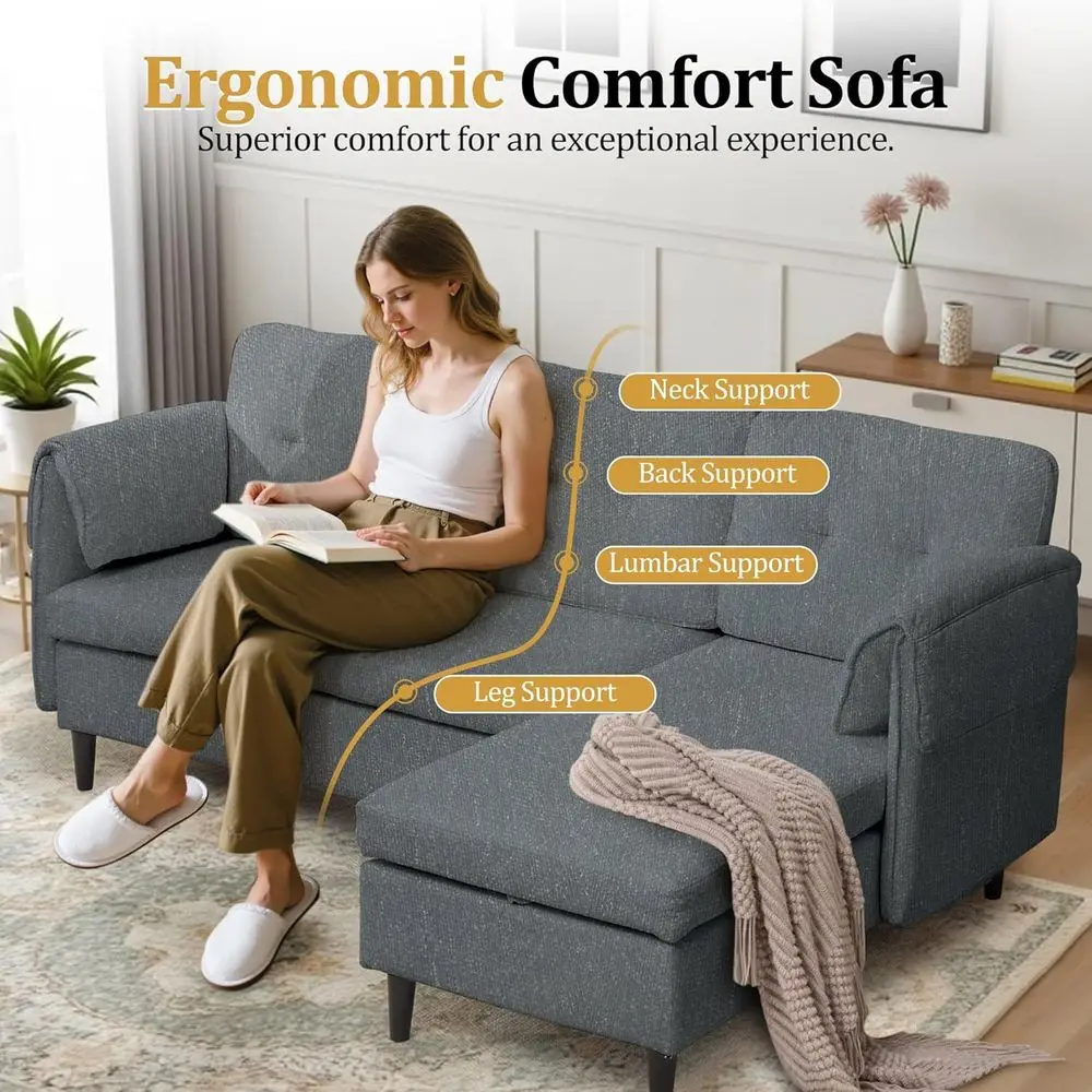 أريكة قابلة للتحويل على شكل حرف L مع مساحة تخزين، 79 أريكة مغطاة بالكتان للمساحات الصغيرة وغرف المعيشة #3