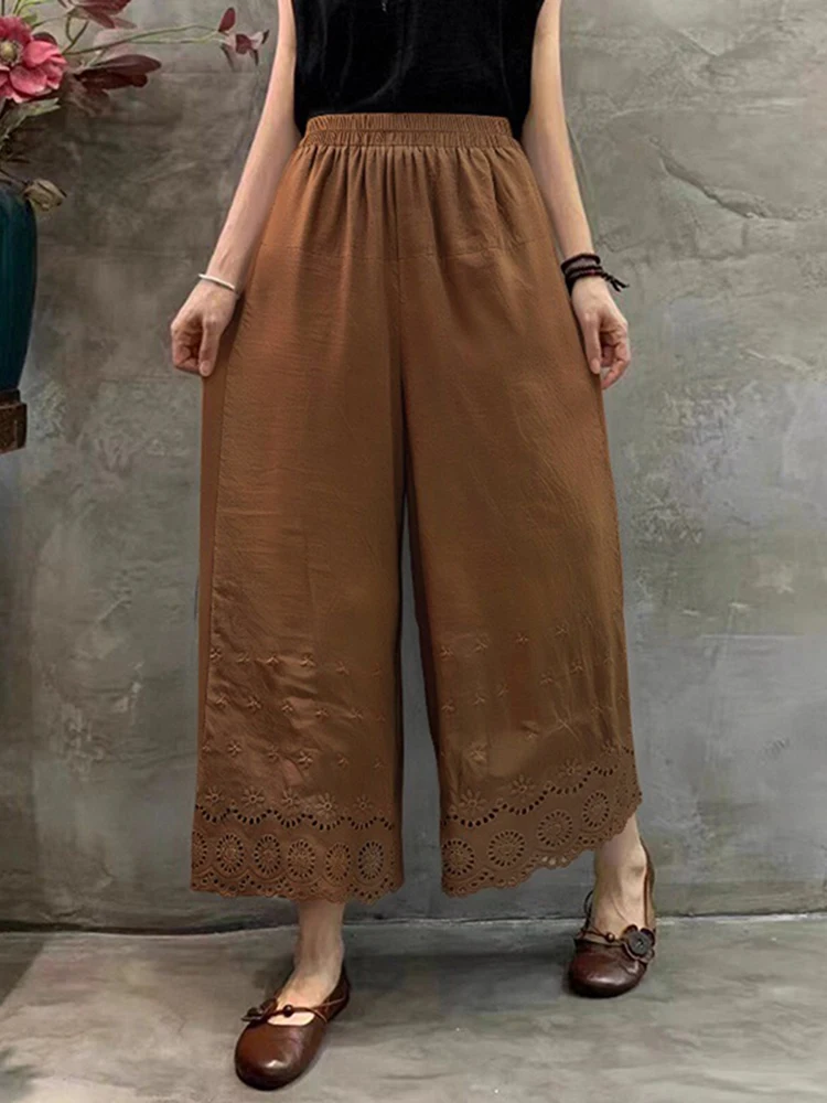 

ZANZEA Vintage Hollow Out Pants Women Casual Lace Long Wide Leg Trousers 2025 Summer Loose Solid Color Waist Pleated Bottoms