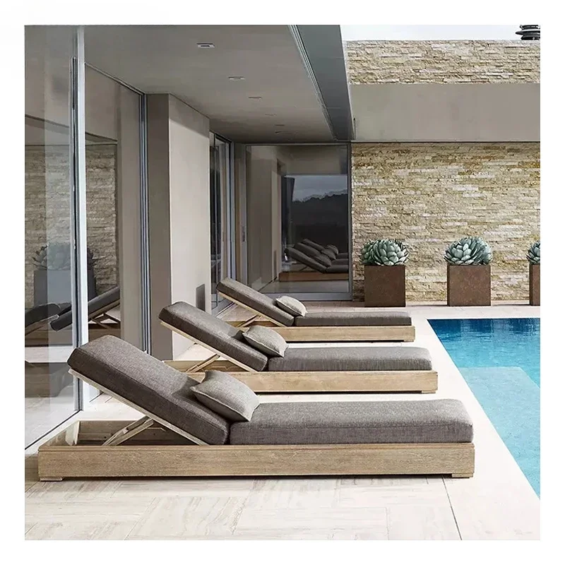 

Outdoor teak furniture hotel villa terrace sun lounger with cushion all-weather wooden patio furniture garden daybed