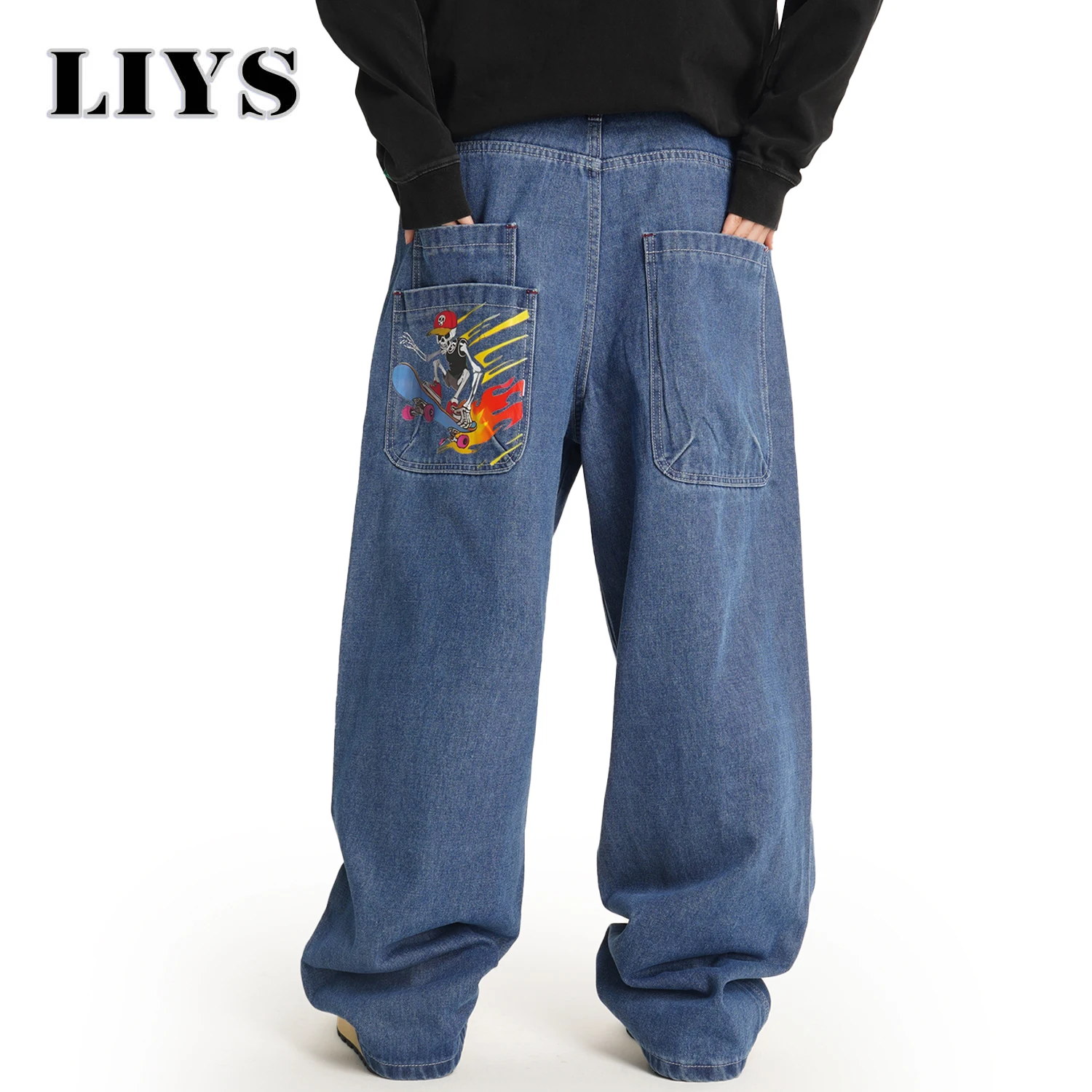 

Мужские свободные широкие джинсы для скейтборда в американском стиле ретро, корейская версия, уличный индивидуальный скейтборд, мешковатые джинсовые брюки с принтом черепа