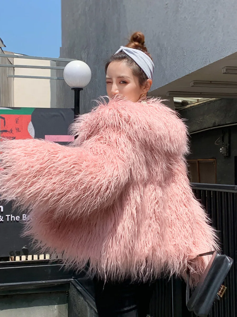 

Faux Fur Coats Woman Womens Elegant Cropped Dance Girls Punk Shearling Hand-Cut Pilot-Style Long-Sleeved Comfortable Casual Slim