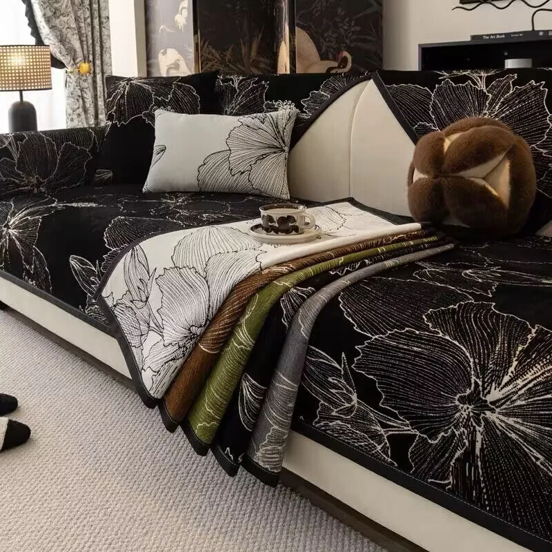 【Ready Stock】Chenille Sofa Dust Cover Printed Floral Four Seasons Universal Seat Cushion Anti-slip Handrail&Backrest Sofa Pads