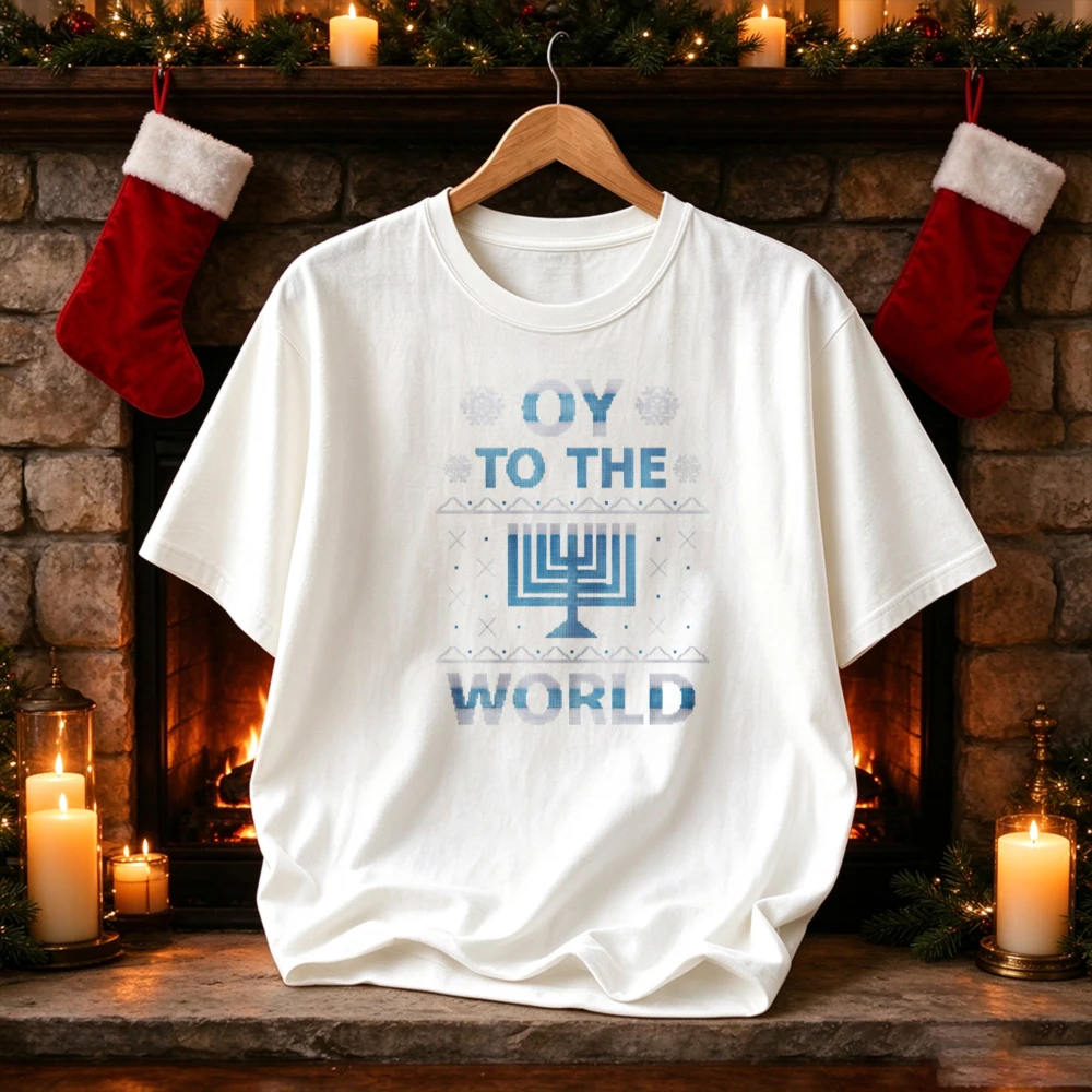 Oy To The World Hanukkah Ugly Sweater Style Menorah Snowflake Graphic Print Tees Funny Jewish Festival of Lights Holiday T-Shirt