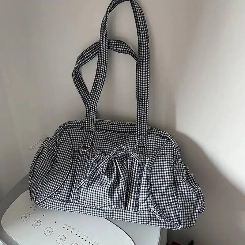 Korean Style Niche Design Plaid Tote Ladies Sweet Bow Large Capacity Shoulder Bag Women Casual Versatile Commute Handbag New