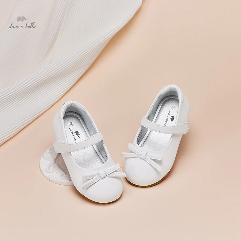 Dave Bella Spring Children Leather White Bow Girls Rubber Sole Princess Fashion Birthday Party Flat Shoes DB1240207