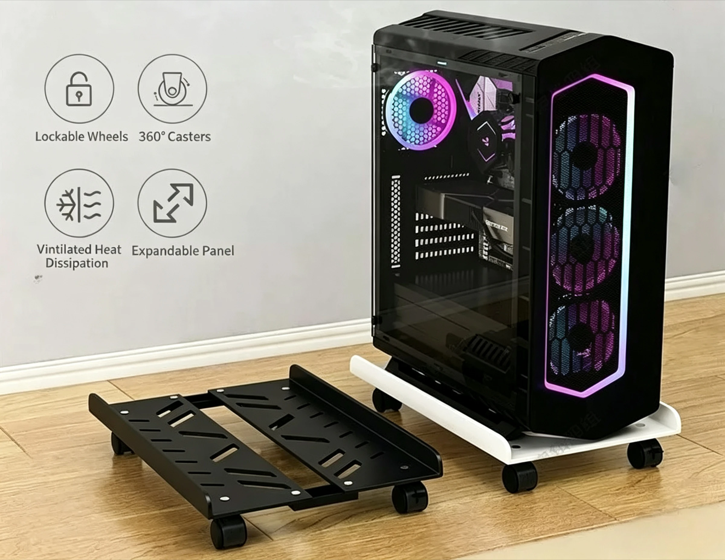 New Mobile Desktop PC Host Bracket Stand with Casters for Computer Case, Storage Tray Rack for Home & Office