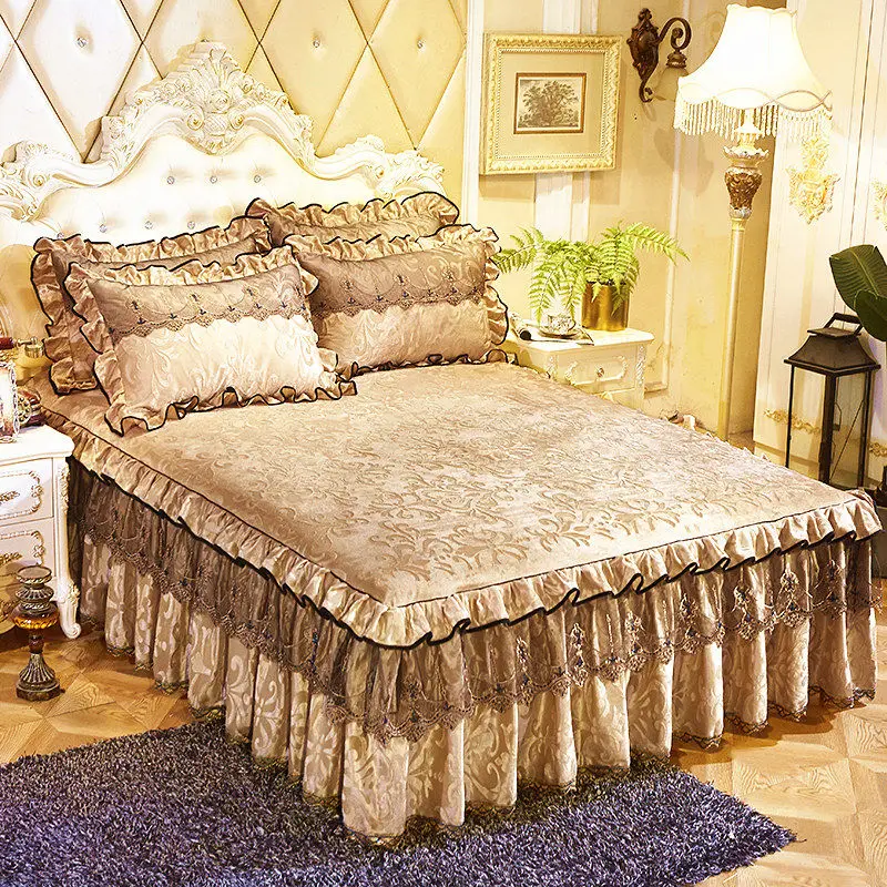 

3 Pcs Bed Spreads European Luxury Bed Skirt Thicken Beautiful Cal King Size Bedding Havy Sheets Bedspreads Queen/King Size