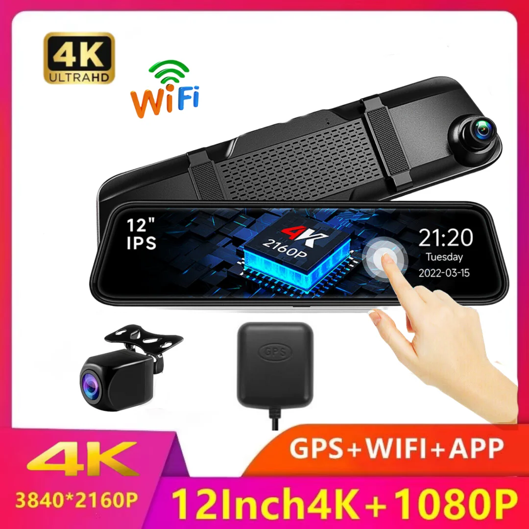 

4K 3840*2160P 12 Inch Car DVR Dash Cam WIFI GPS APP Rear View Mirror 1080P Car Camer, WDR,APP WIFI Super Night Vision