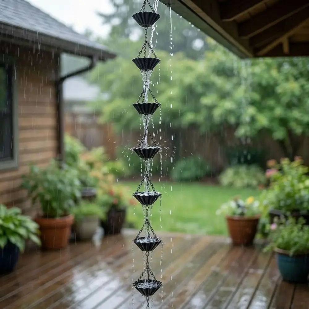 Japanese Style Metal Flowers Rain Chain 7 Cups Weather Resistant Eaves Water Drainage Chain Hanging Corrosion-resistant