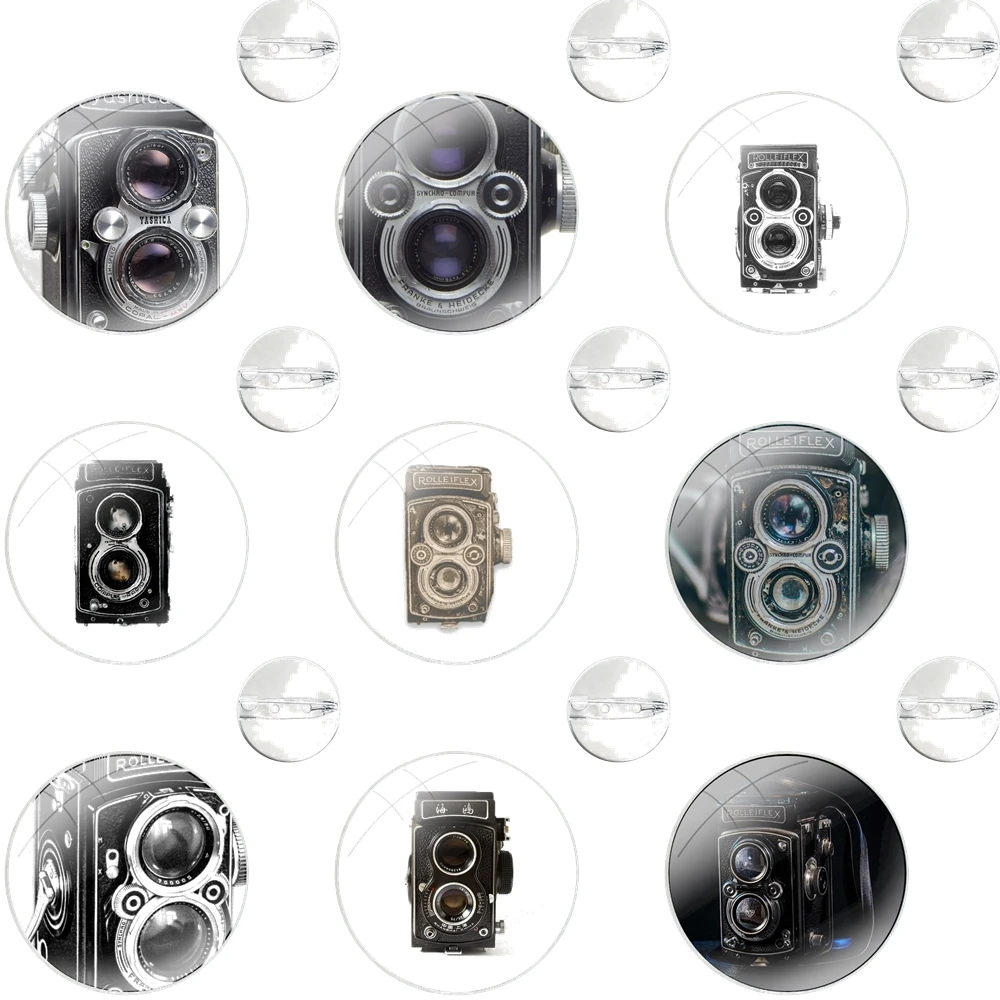 Glass Dome Brooches Shirt Lapel Bag Cute Badge Pins For Clothes Hat Accessories Rolleiflex Vintage Retro Camera