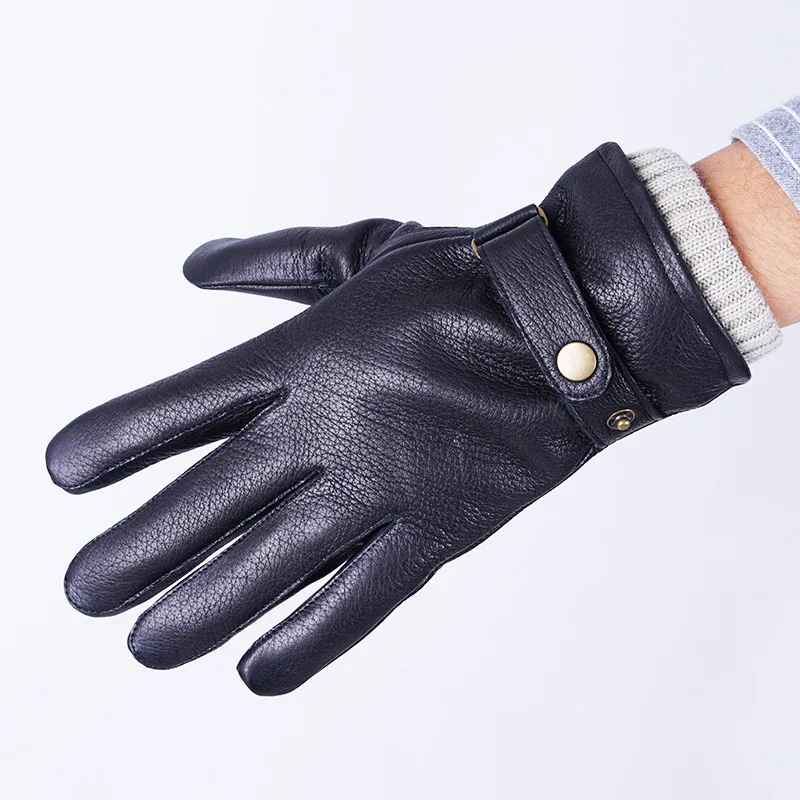 100% Genuine Leather Sheepskin Men's Gloves Winter Warm Velvet Lined Touch Screen Full Finger Mittens Riding Driving Gloves