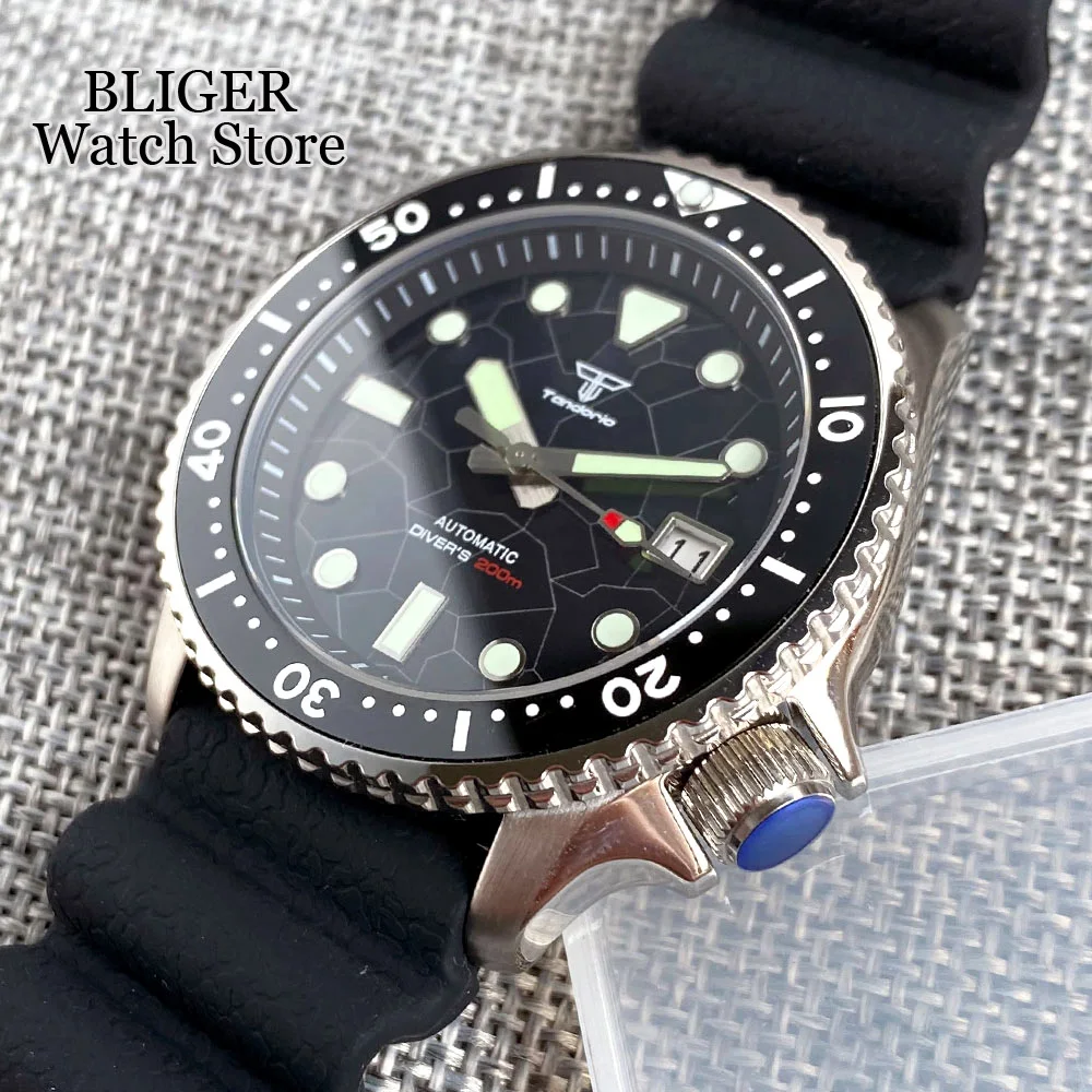 Tandorio Gloss Black Shell Dial 41mm NH35A 200M Waterproof Automatic Dive Watch For Men 120 Click Bezel Sapphire Steel Bracelet