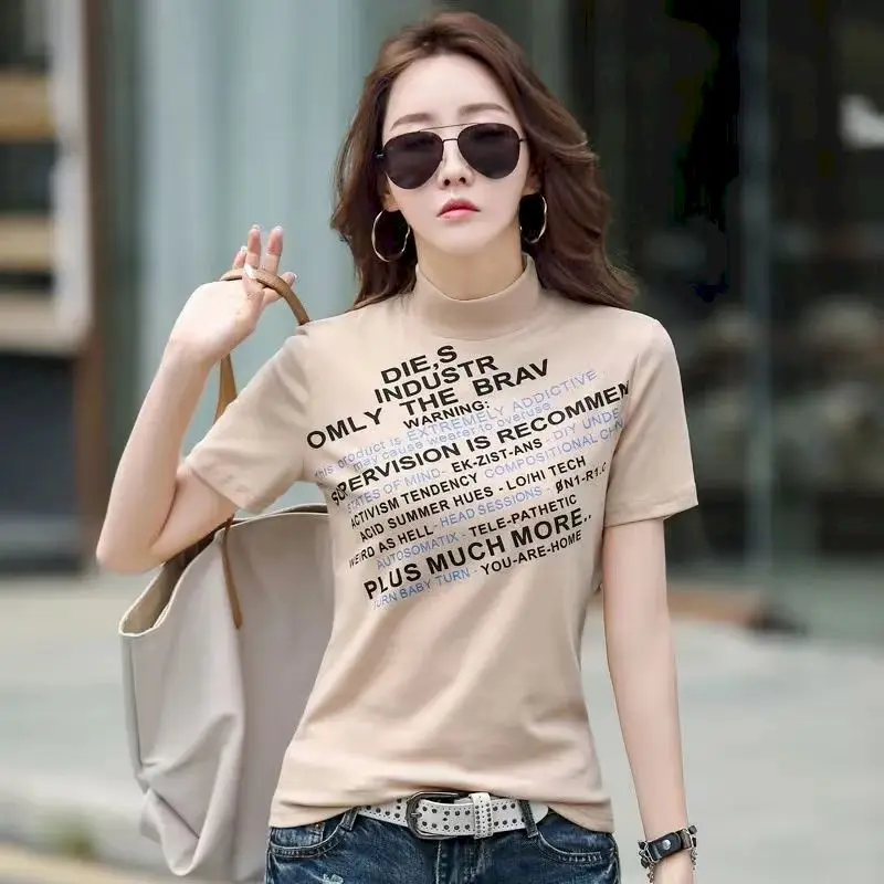 Thun Nữ Áo Sơ Mi Nửa Cao Cổ Áo Thun Nữ Tay Ngắn Cotton Mùa Hè Hợp Thời Trang Cao Cấp Phong Cách Hàn Quốc Ôm Cổ Tròn In Hình Bảng Chữ Cái Áo Thun Nữ