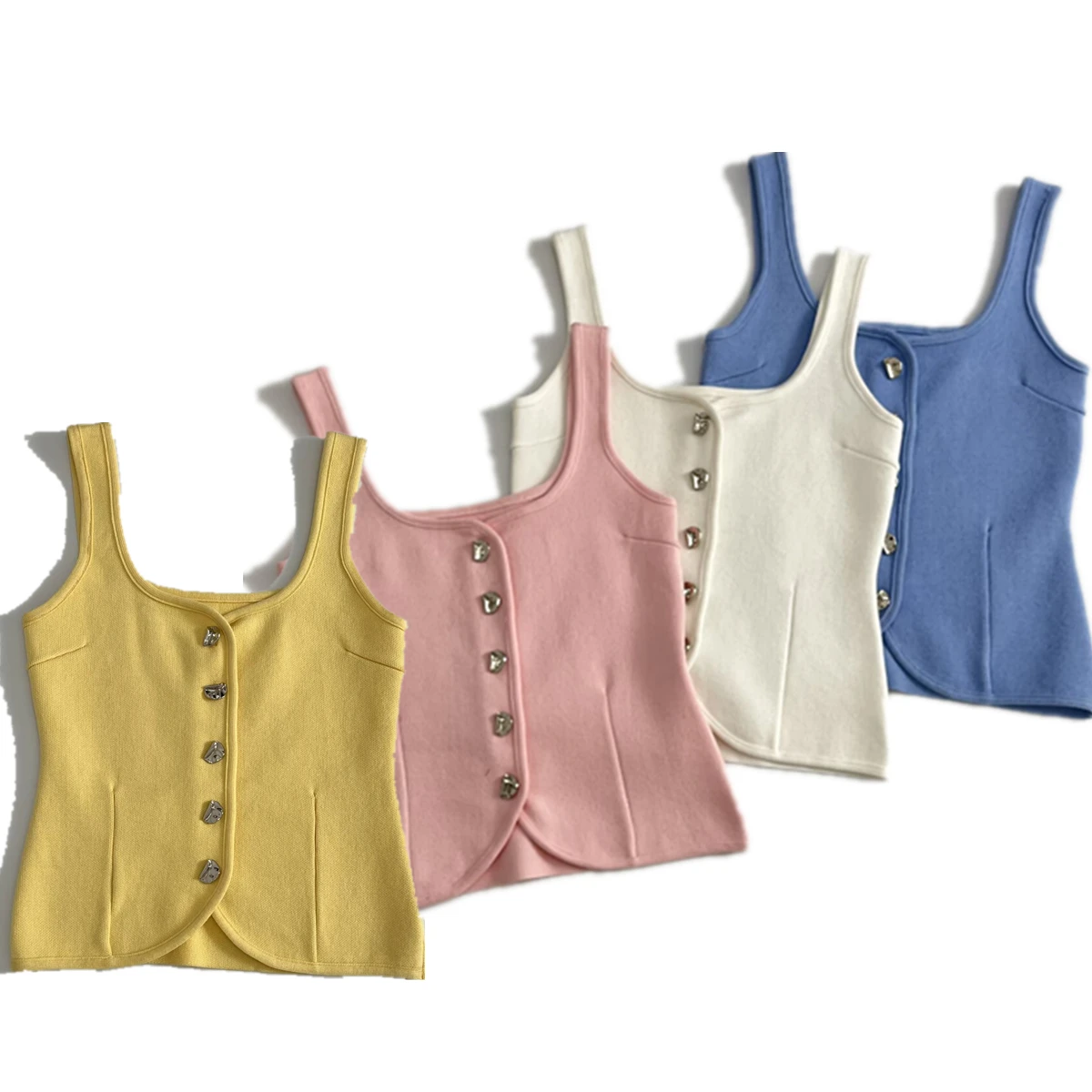 

Maxdutti French Slim Fit Colorful Single Breasted Knit Sleeveless Tank Top Sexy Camisoles Summer T-shirt Women