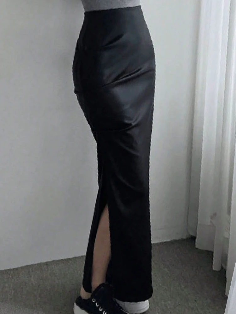

Женская юбка из искусственной кожи, новая летняя черная сексуальная юбка макси с разрезом, уличная модная женская универсальная повседневная тонкая клубная юбка на молнии на молнии