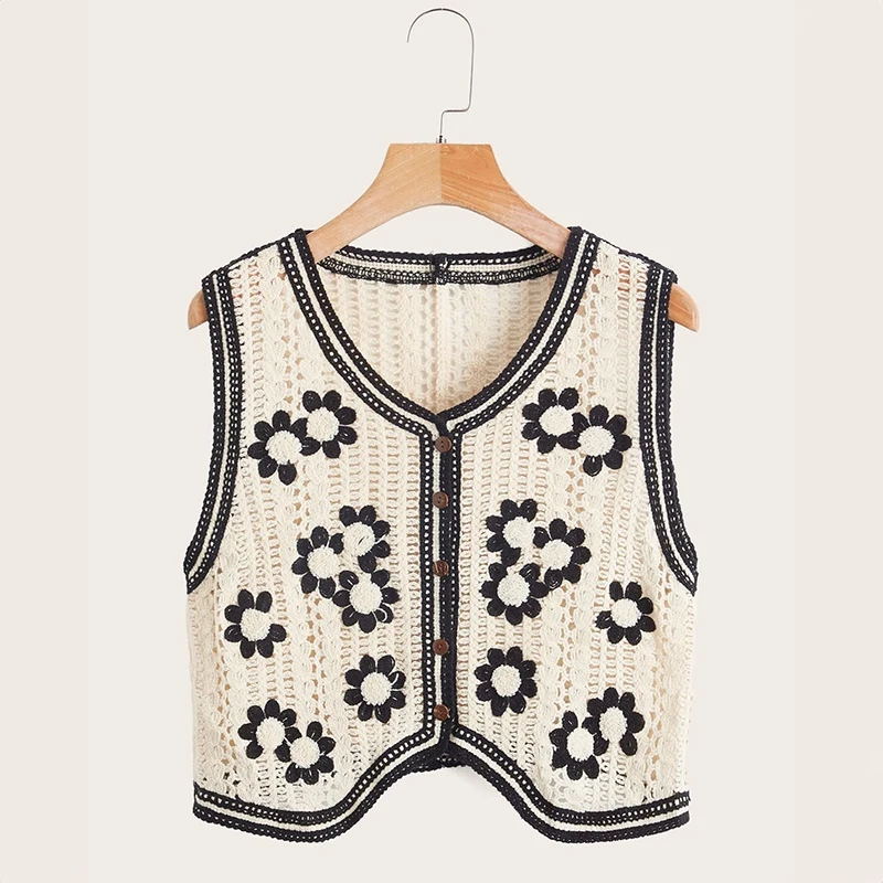 Floral Crochet Waistcoat for Women Sheer Button Front Sleeveless Open-knit Top Teen-girl Summer Boho Vacation Outfit