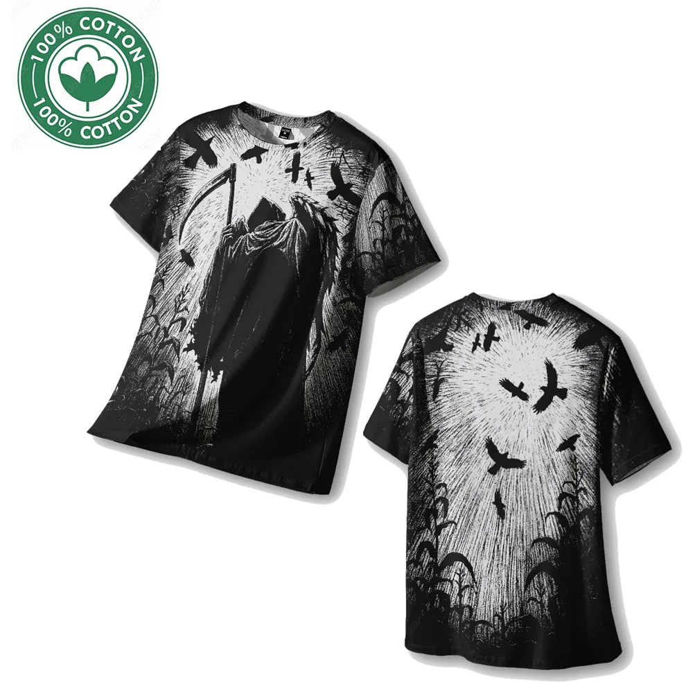 Vintage Street Hip-hop Style Cotton Printed T-shirt Men's Trendy Dark Short-sleeved O-neck Tee Unisex Trendy Oversized Tops