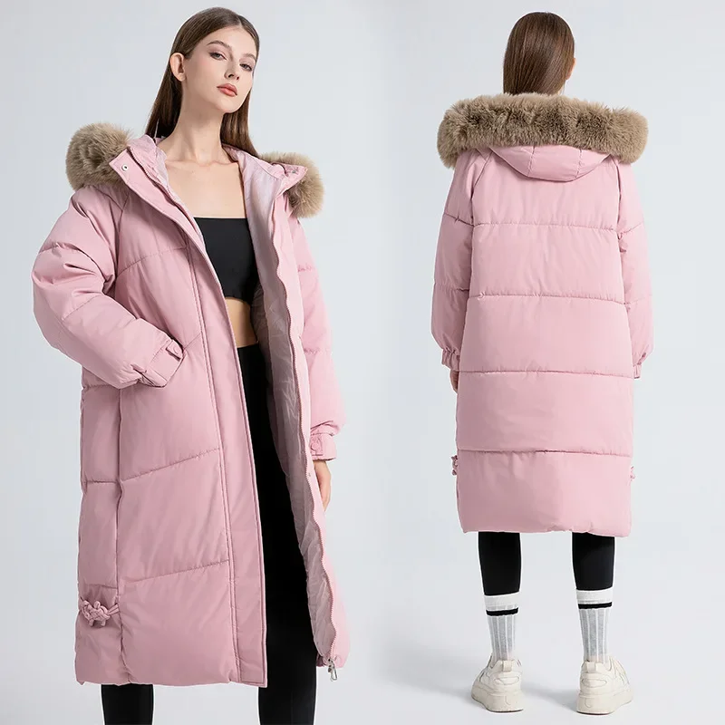 Korean 2024 Winter Women Black Pink Parka Down Cotton Long Coat Casual Pink Hooded Thick Warm Medium Length Jacket Clothing Chic