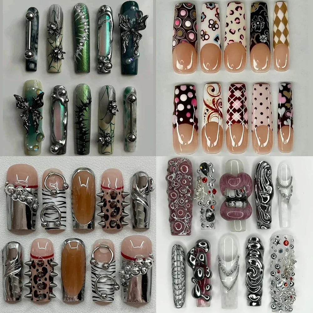

10Pcs Y2K Heavy Metal Handmade Xl Long Square Press On Nails Leopard Print Stripes 3D Flowers Pearl Cherry French Wearable Nails