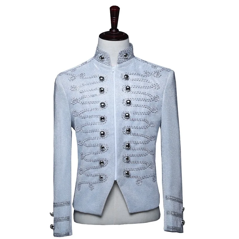 

Mens Blazer Jacket Bright Vogue Court Military Uniforms Nightclub Bar DJ Preside Coat Hairstylist Zipper Coat Blazer for Men