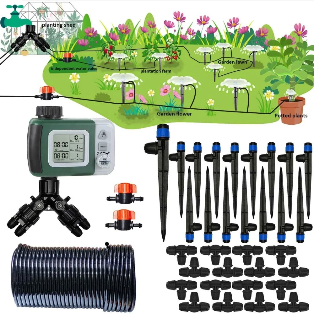 

Drip irrigation system kit with water timer 82FT 1/4 hose, used for 16 fountain nozzles, automatic plant watering system